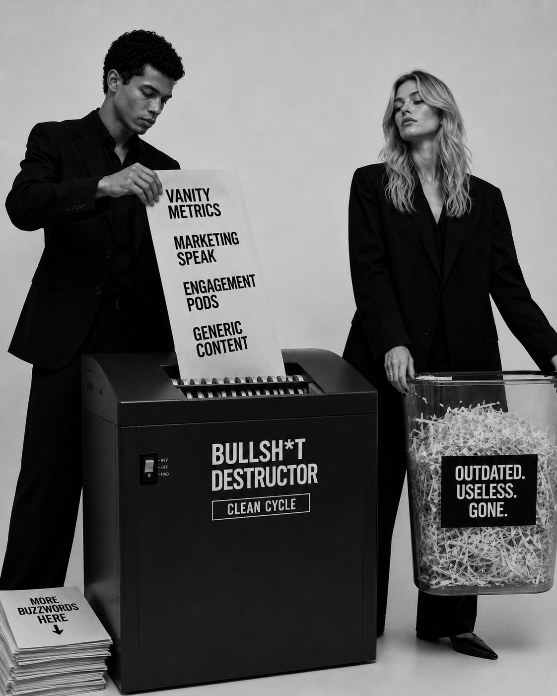 StudioDG (Studio Digital Group) - models feeding MARKETING SPEAK pages into an industrial shredder