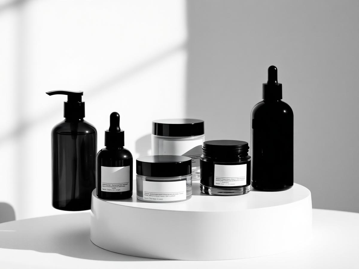 StudioDG (Studio Digital Group) - unbranded skincare bottles and jars arranged on a minimal plinth