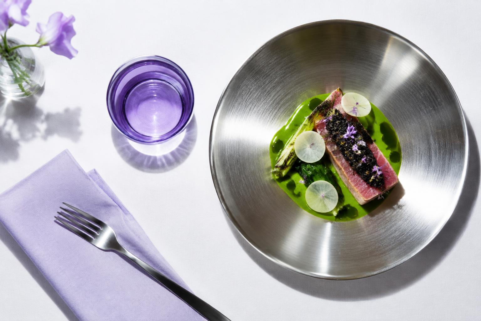 An art-directed dish and lavender tableware photographed from above